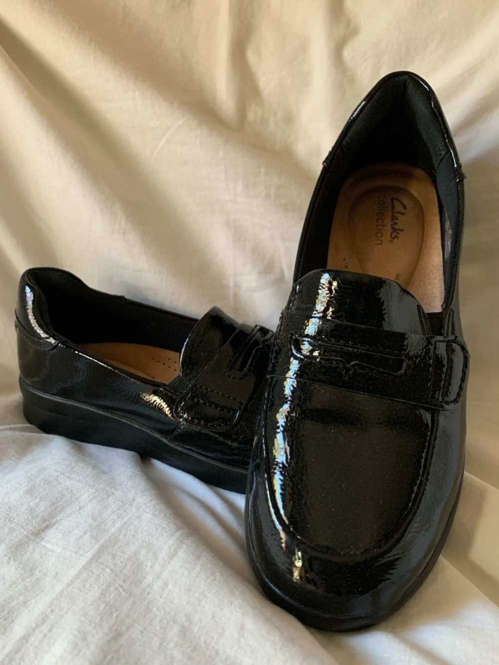 Clarks "Ellowyn Penny Loafer' in black crinkle patent leather